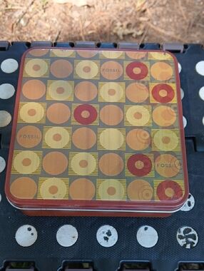 Fossil Square Tin with Orange, Red & Yellow Circle Grid